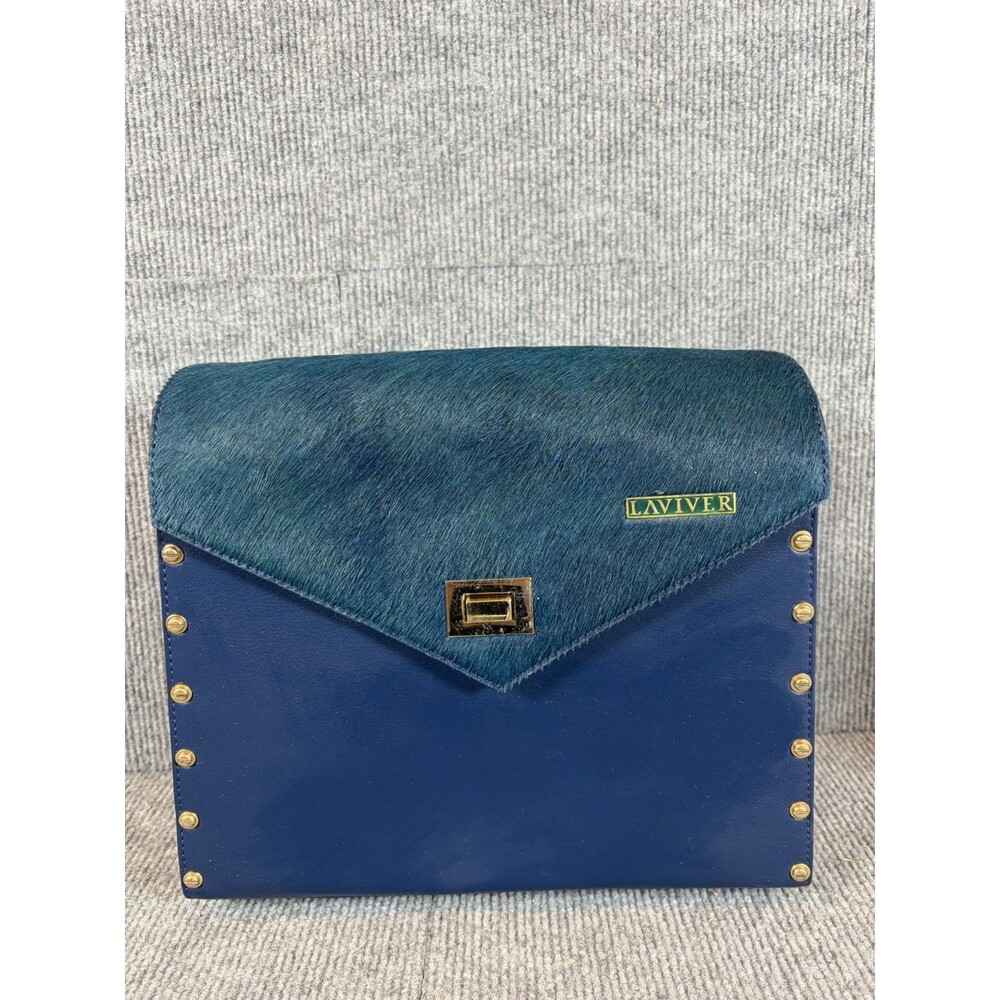Laviver Blue Leather Cowhide Pony Hair Flap Backpack Purse Handbag Studded Wood